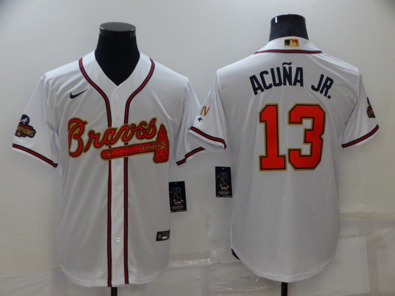 Men Atlanta Braves #13 Acuna jr White Gold Game Nike 2022 MLB Jersey